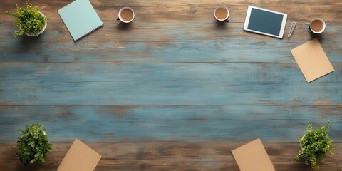 business discussing topview concept. A stylish workspace with coffee cups, plants, and digital devices on a rustic wooden table.