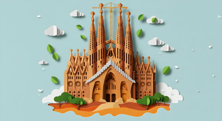 Sagrada familia paper cut style illustration