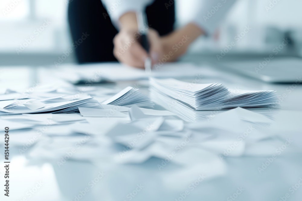 Aufkleber business discussing topview concept. cluttered desk with piles of paper and a person writing in the 