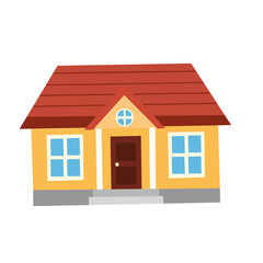 Colorful vector illustration of a small yellow house with a red roof, front steps, and blue windows. Perfect for real estate, housing ads, or urban development themes