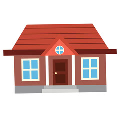 Flat design vector of a classic red house with blue windows and white steps. A modern suburban residence illustration suited for real estate or architecture infographics