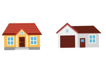 Set of two different house vector illustrations, each with unique roof and wall styles. Suitable for real estate presentations, urban planning visuals, and architectural design.
