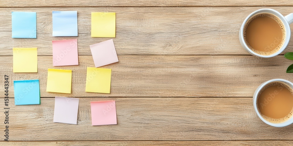 Poster business discussing topview concept. colorful sticky notes arranged on a wooden surface beside two c