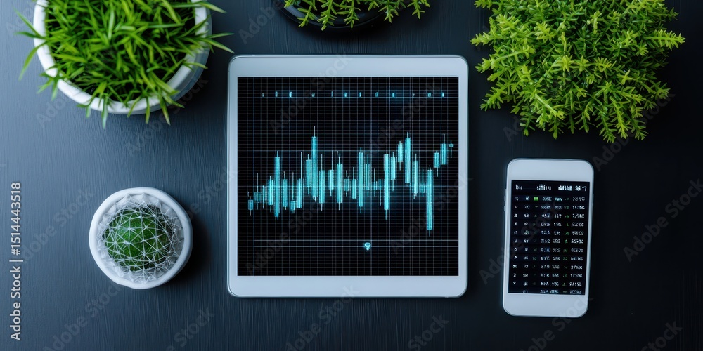 Poster business discussing topview concept. Digital devices displaying financial data surrounded by plants on a stylish desk.