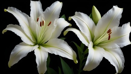 Two stunning white lilies display their beauty against a deep, contrasting black backdrop.