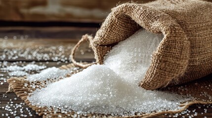 A burlap sack filled with white sugar spilling onto a burlap mat on a wooden surface in soft lighting