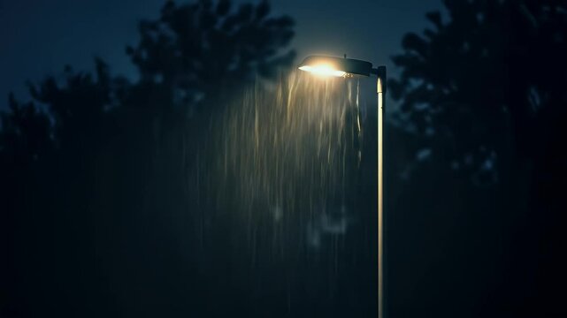 Rainy night street lamp light