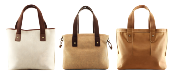 Three Tote Bags Isolated on Transparent Background Displaying Varied Textures Colors and Designs Handmade with Leather Handles