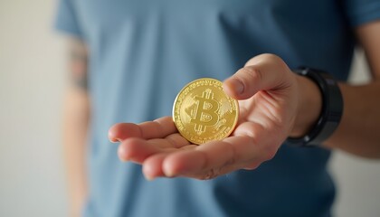 A person holding a symbolic Bitcoin coin in hand, representing digital currency, investment, and financial technology, showcasing innovation and the future of finance.