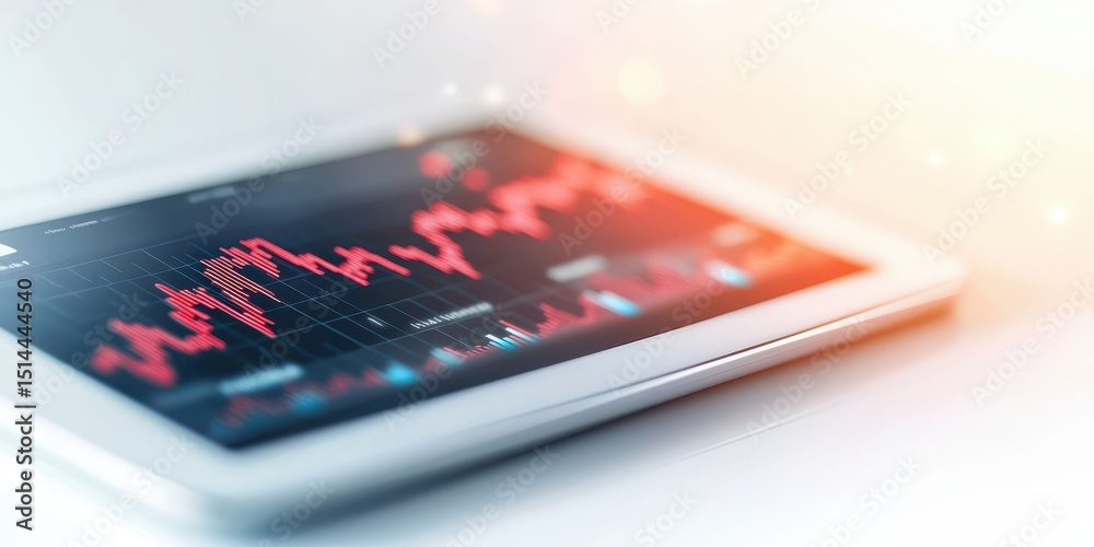 Poster business discussing topview concept. Digital tablet displaying financial data and stock market trends with vibrant graph lines.