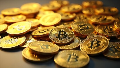 A close-up shot of a gleaming golden Bitcoin coins illustrates the concepts of virtual currency and digital wealth. The intricate details and luminous appearance add visual interest.