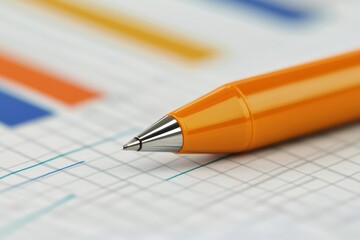 business discussing topview concept. Close-up of an orange pen resting on a graph paper with colorful lines.