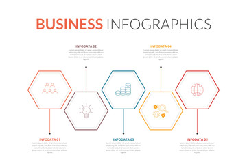 5 steps infographic hexagon elements with line design template. Business presentation, Planning, Workflow, Marketing, Brochure and Banner. Vector illustration.