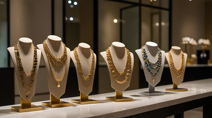 Gold jewelry display, elegant necklaces, luxurious beaded chains, high-end boutique,generative.ai
