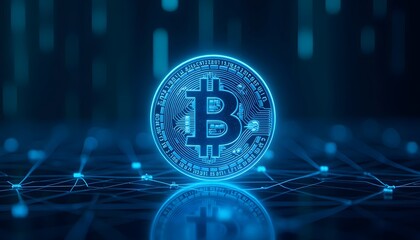 A gleaming bitcoin cryptocurrency coin radiates with digital blue light, symbolizing the future of decentralized finance and blockchain technology.