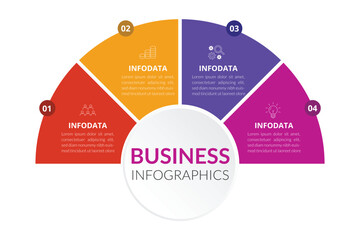 Semicircular pie chart divided into 5 colorful sectors. Concept of five features of startup project to select. Minimal flat infographic vector illustration for business information visualization.