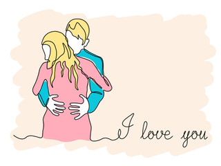 Abstract card with inscription I love you and couple of lovers, a man and a woman hugging, continuous single one line art drawing sketch, logo