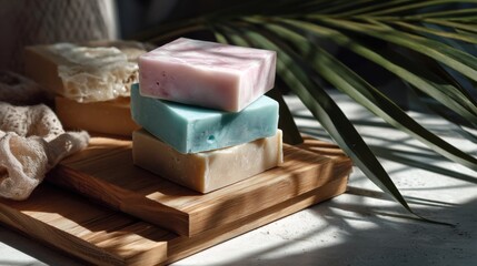 Artisan Soap Stack: A close-up shot features an elegant display of hand-crafted soap bars, stacked meticulously on a rustic wooden tray.