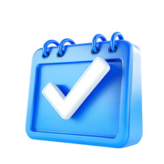 Blue calendar with white check mark icon representing completed tasks and events 
PNG file isolated on transparent background cut out, clipping path, social media, Advertisement,high quality, HD photo