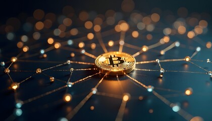A futuristic view of a glowing bitcoin amidst a network of interconnected nodes, representing the ever-evolving digital landscape of cryptocurrency and financial technology.