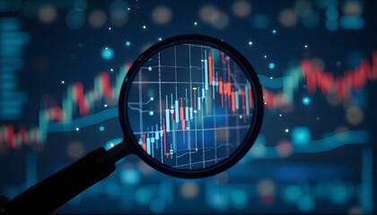 Analyzing financial market trends, this image displays charts and graphs, under a magnifying glass to reveal the nuances of financial data. A representation of data analysis, research.
