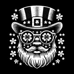 Obraz premium St Patrick Face With Clover Glasses And Green Stars Illustration – Retro Hand-Drawn Festive Portrait Vector Artwork for T-Shirts, Posters, Stickers, and St. Patrick’s Day-Themed Apparel Designs