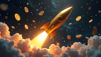 Obraz premium Rocket Launching with Cryptocurrency theme, soaring skyward amidst a flurry of digital coins, symbolizes the explosive potential of blockchain technology.