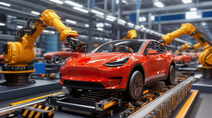 Fototapeta premium Automated Robotics Assembling Modern Electric Cars in Advanced Industrial Factory