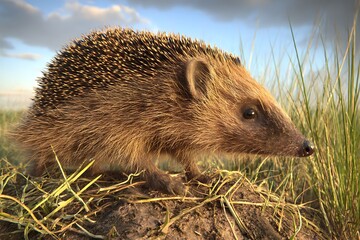 Fototapeta premium Hedgehog in meadow on sunny day