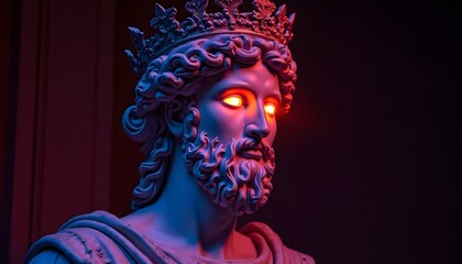 A dramatic close-up of a classical sculpture bust, bathed in vibrant red and blue neon light, with glowing eyes that seem to pierce the viewer’s soul.  