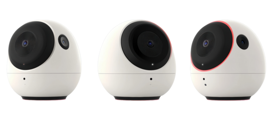 White Egg-Shaped Device Set Against a Transparent Backdrop Featuring Black Speaker Fronts and Red Detailing with Multiple Angles