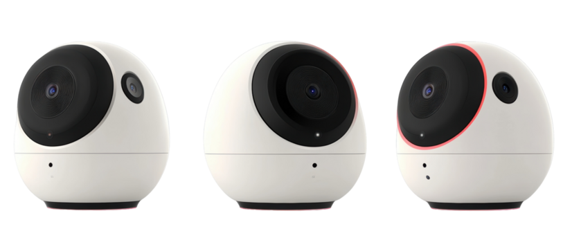 White Egg-Shaped Device Set Against a Transparent Backdrop Featuring Black Speaker Fronts and Red Detailing with Multiple Angles