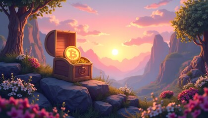 A bitcoin shines brightly, nestled within an antique treasure chest amidst a picturesque sunset landscape, evoking a sense of wealth and discovery. 