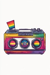 Fototapeta premium Minimalistic colorful 80s boombox illustration with rainbow-colored speakers and a small rainbow flag on top