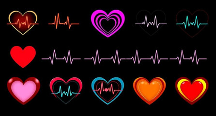 Set of heart and heartbeat icons, Heartbeat icon pack, Heart with ECG line vector, Medical heart and pulse icons, Heart and cardiogram vector, Love and heartbeat icon set, Heart rate symbol collection