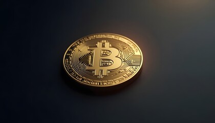A solitary golden Bitcoin coin glints against a dark background, symbolizing the future of finance in a digital world. This image evokes concepts of cryptocurrency and decentralized finance.