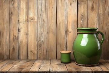 Naklejka premium Rustic green ceramic pitcher and jar on aged wooden surface against weathered wood background. Warm lighting enhances textures
