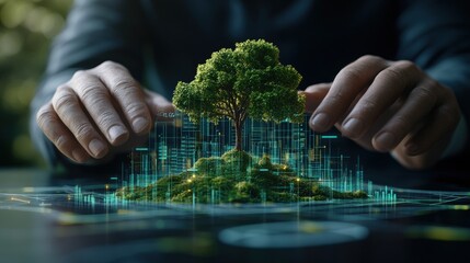 Innovative digital technology concept showcasing a tree integrated with a futuristic cityscape and data visualization