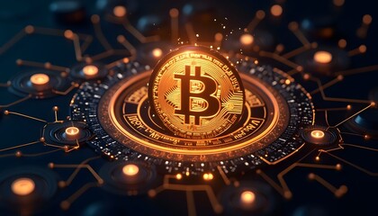 Illuminating the innovative spirit of digital finance: a luminous Bitcoin symbol glitters at the heart of a complex circuit board. Capturing the very essence of financial technology, innovation.