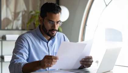 Fototapeta premium A focused man reviews documents at his desk, working on a laptop in a modern office setting.