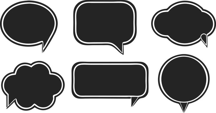 Simple black and white vector silhouettes of various speech bubbles or thought symbols
