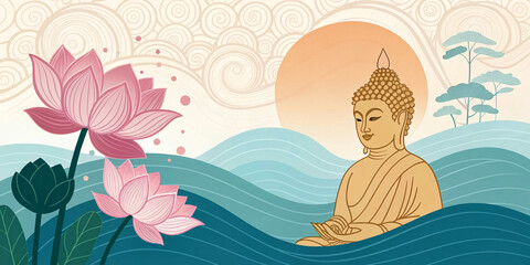 bHappy Vesak Day, Buddha Purnima wishes greetings with buddha and lotus illustration. Can be used for poster, banner, logo, background, greetings, print design. abstract illustration