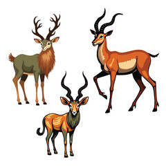 Three stylized illustrations of antlered or horned animals. In the upper left is a brown deer with large antlers. In the upper right and lower center are two different antelopes, both with long, curve