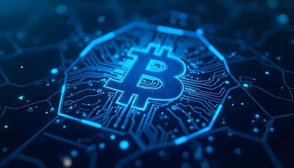 The Bitcoin logo shines with digital brilliance, reflecting the dynamic world of cryptocurrency and blockchain technology. The image encapsulates the future of finance.