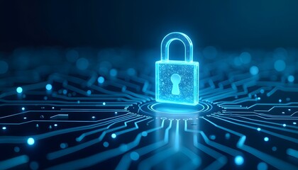 A digital padlock glows with cybernetic authority, set against a circuit board matrix, symbolizing the fortification of data. Emphasizing security, protection.