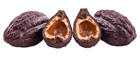 Four Chocolate Covered Treats With A Cut Open Revealing Nut Filling Against A Transparent Background