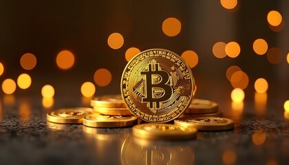 A Bitcoin, bathed in a golden glow, rests atop a cluster of other virtual coins on a sleek, reflective surface, capturing the essence of digital finance and financial technology.