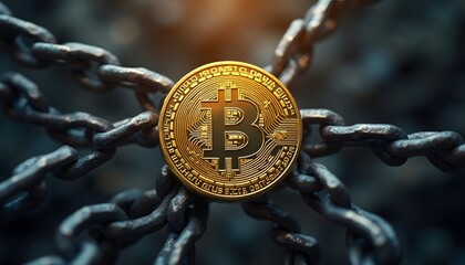 Bitcoin trapped in chains, symbolizes the challenges and constraints of cryptocurrency regulation.