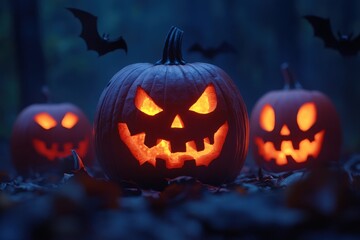 Spooky Halloween pumpkins illuminated in a dark forest setting at night, This footage is very suitable for Halloween pumpkins with glowing eyes and some bats