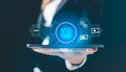 AI powered assistance. user interacting with virtual AI assistant interface on mobile, laptop, tablet icons for voice, text, image, video generation, representing smart technology, productivity tools